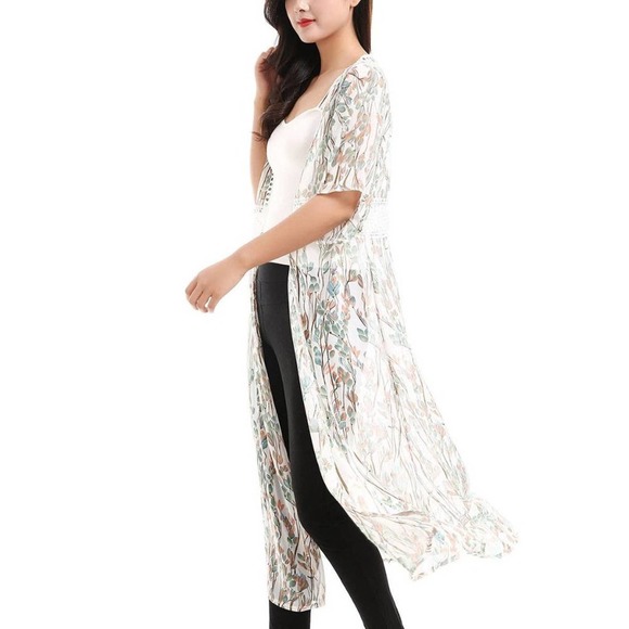Boutique Accessories - Sheer Floral White Maxi Kimono for Women
